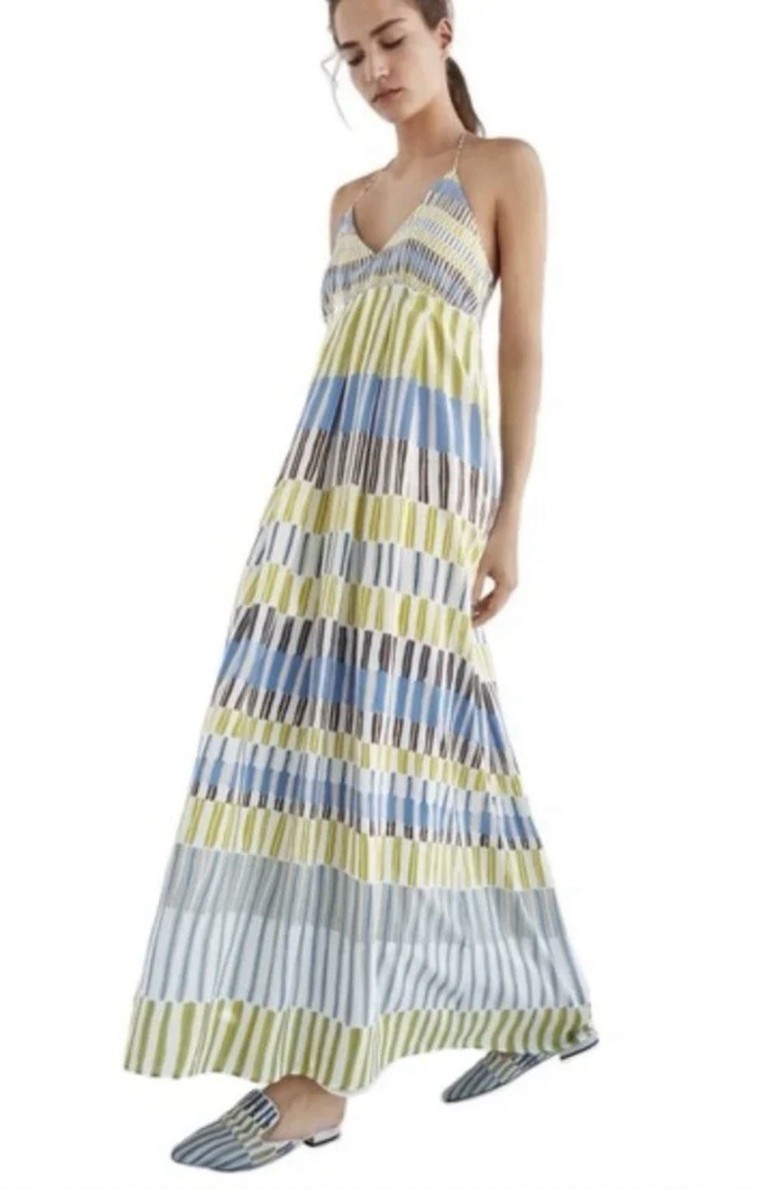 massimo dutti halter dress Portugal Silk Maxi Open Back Flowy Semi Sheer Sz 8 1xl