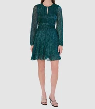 MSK Women's Green Metallic Crewneck Blouson-Sleeve Smocked Dress Petite Sz PXL