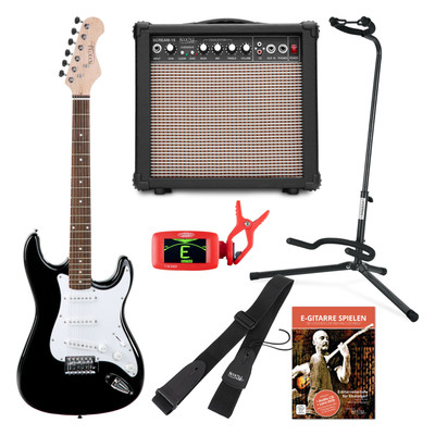 E-Gitarre Set Combo Verstärker Amp Stimmgerät Ständer Gurt Band Kabel Set Black