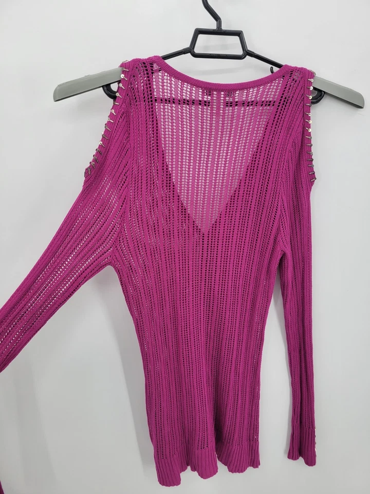 Suéter Cárdigan Alberto Makali Mujer Grande Rosa Cuentas Hombro Frío Tejido Abierto Foto 4 de 4