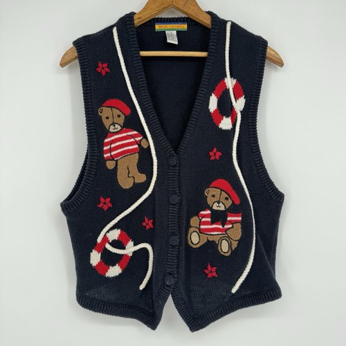 90s Women’s Sweater Vest Nautical Teddy Bear Grandmacore Navy Blue Size Medium