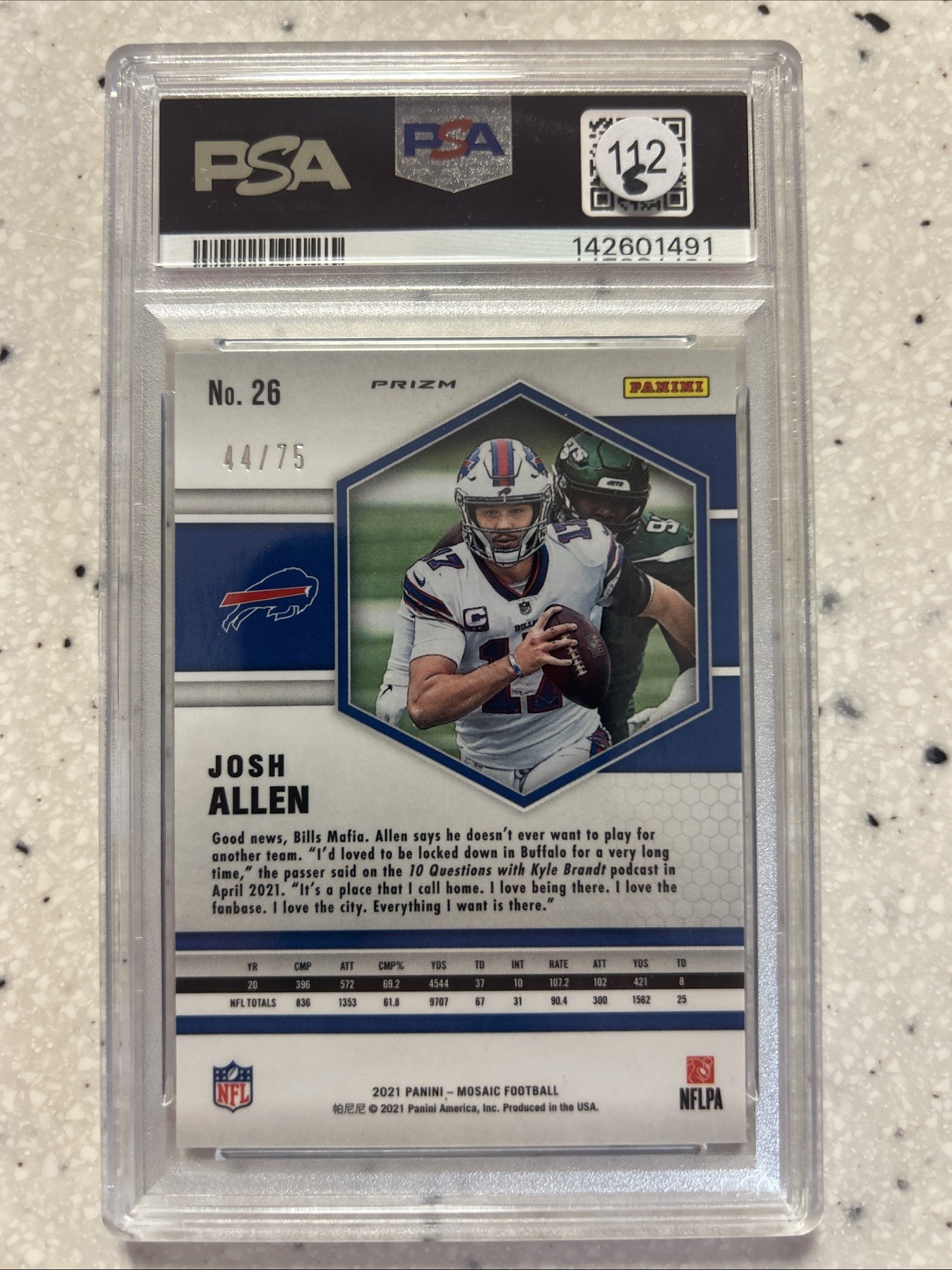 2021 Mosaic Josh Allen No Huddle Blue/75 PSA 10 view 2