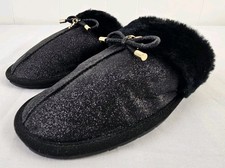 KATE SPADE LACEY K5564 Slippers Black Shimmer Faux Fur Gold Charm Sz 8B NWOB