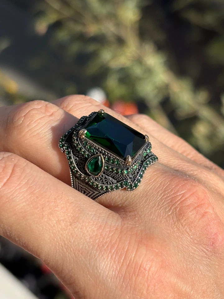 925 Sterling Silver Men Ring Simulated Emerald Green Zircon Turkish Handmade - Image 2 of 4