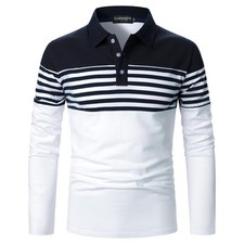 Long Sleeve Polo Shirts for Men Striped Casual Slim Fit Golf Polo Contrast Co...