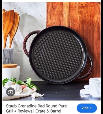 Staub France Cast Iron 12'' Round Double Handle Pure Grill Red Grenadine Skillet