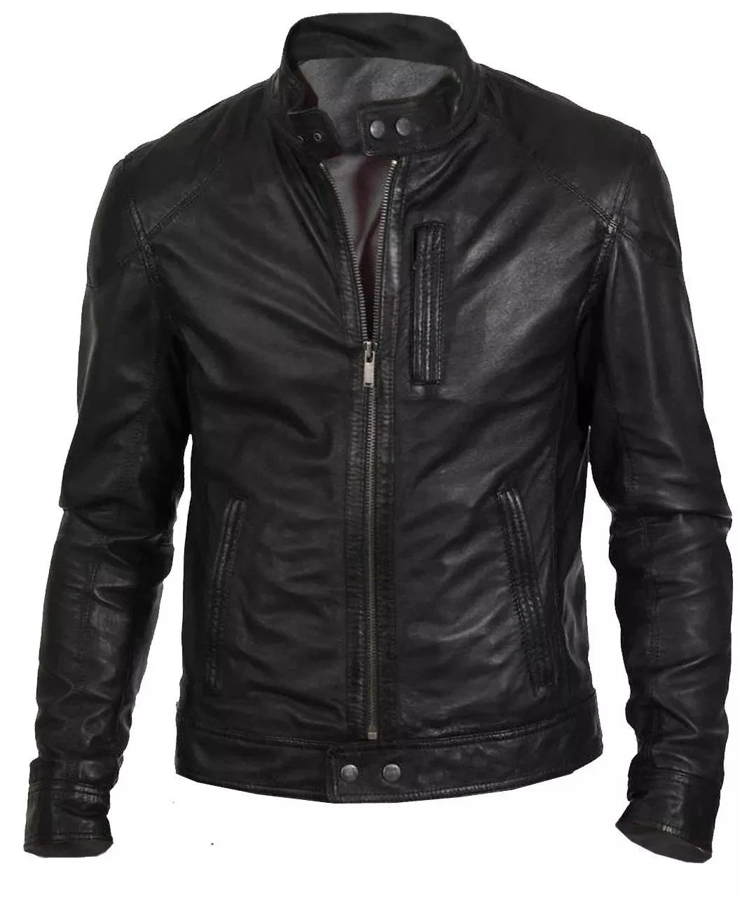 Men's Black Biker Jacket Retro Motorcycle Aviator Hunt Real Lambskin Leather