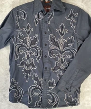 ROAR Dress Shirt Mens Medium Graphic Black Long Sleeve Button Up Embroidered
