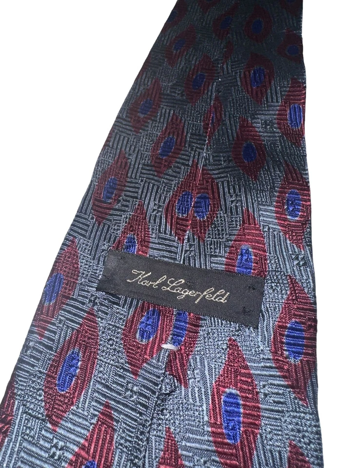 Corbata vintage Karl Lagerfeld 100 % seda azul rojo forma pluma hecha en EE. UU. Foto 4 de 4