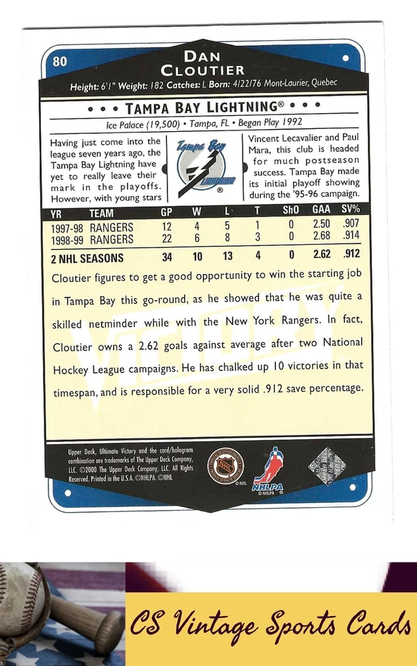1999-00 Upper Deck Ultimate Victory #80 Dan Cloutier Victory Collection - Image 2 of 2