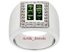 Anello In Tsavorite Naturale E Gemma CZ Placcato In Oro Bianco 14K Per Uomo #369