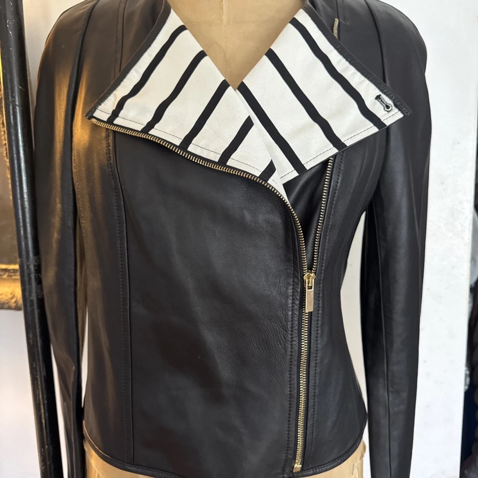 Chaqueta de cuero negra St John Knits Napa caviar/forro de seda a rayas talla 8 Foto 2 de 4