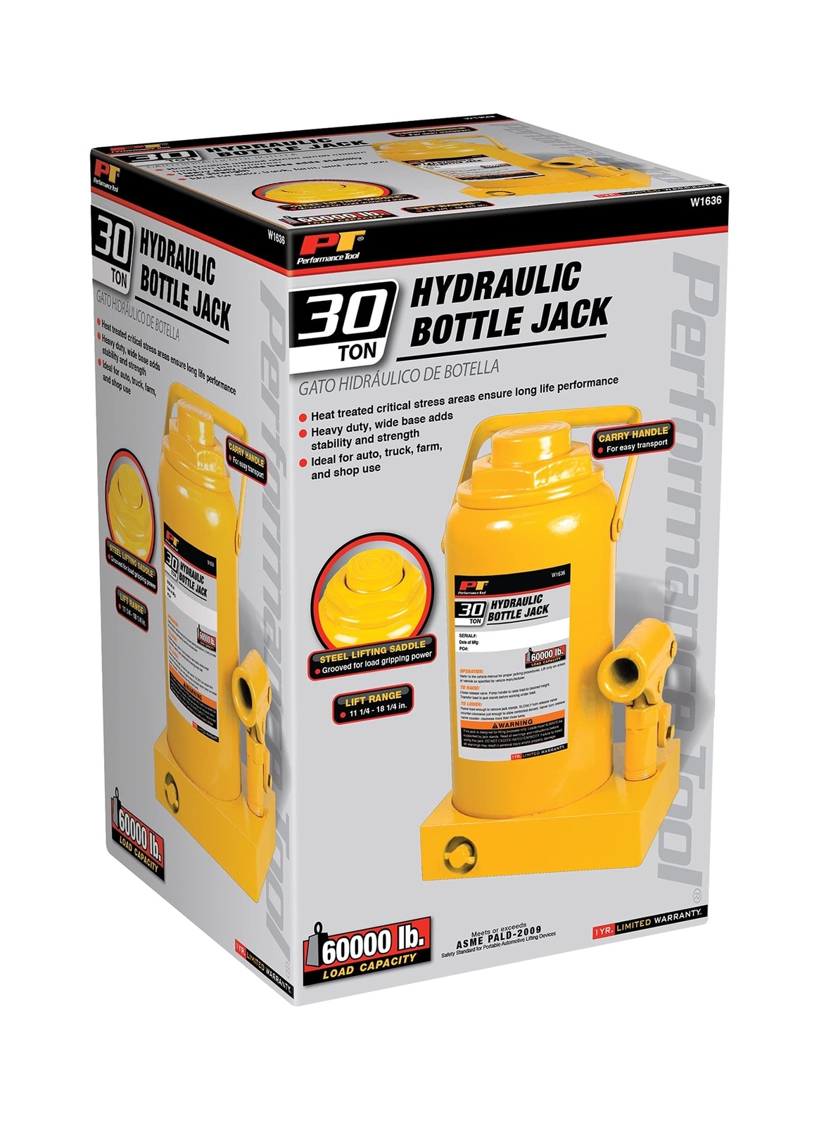 Performance Tool W1636 30 Ton (60,000 lbs.) Heavy Duty Hydraulic Bottle