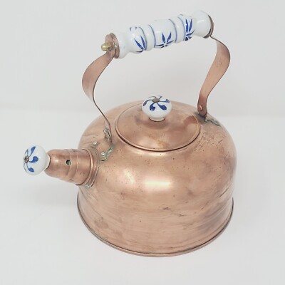 Copper Tea Kettle/Pot Portugal 2 Qt Ceramic Handle + Whistle + Lid Dutch Design