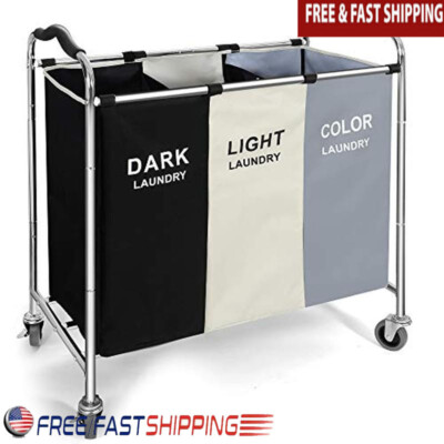 Laundry Basket W/ Wheels 3 Section Portable Hamper Waterproof Storage Dorm Room