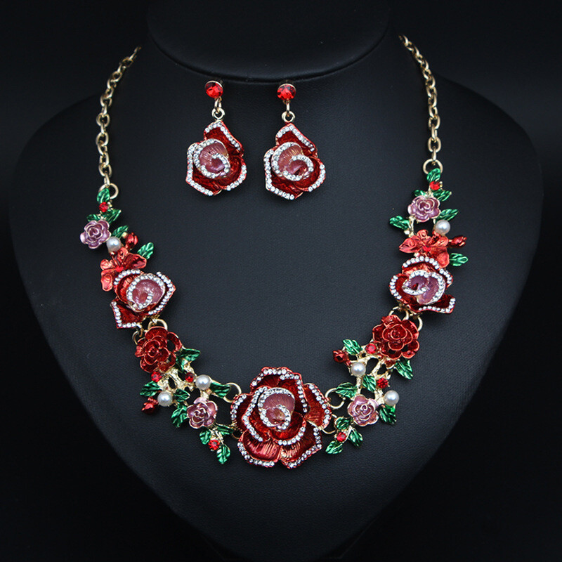 Set di Orecchini e Collana Fiore Rosa con Strass