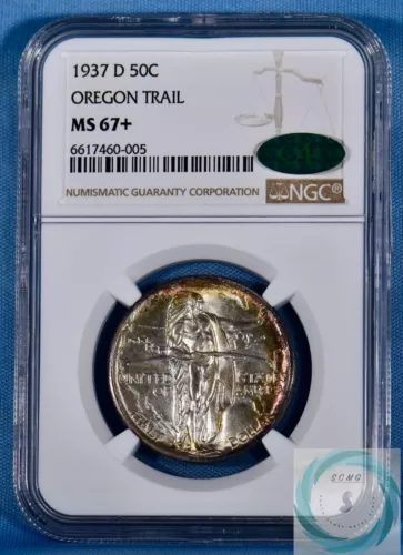 1937-D Oregon Trail 50c NGC MS67+ CAC Endorsed - Spectacular Classic Toner