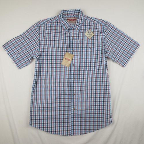 NWT Wrangler Rugged Wear Shirt Men Medium Blue Plaid Short Sleeve Stretch Cowboy
