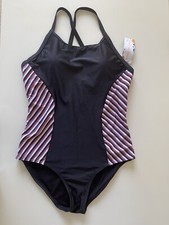Charmo Women s Black One Piece Swimsuit Pink White Stripes Pad Bra Size Medium