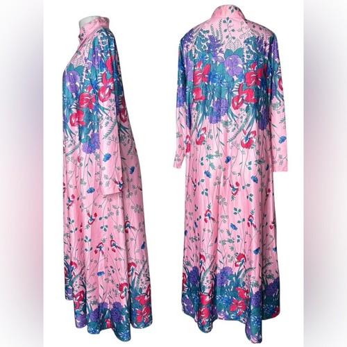 VTG 60s 70s Elaine Sklar House Dress Pink Floral Maxi Caftan Robe – Size L - Picture 4 of 8