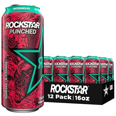 Rockstar Energy Drink Punched Watermelon, 16oz Cans (12 Pack) (Packaging May Var