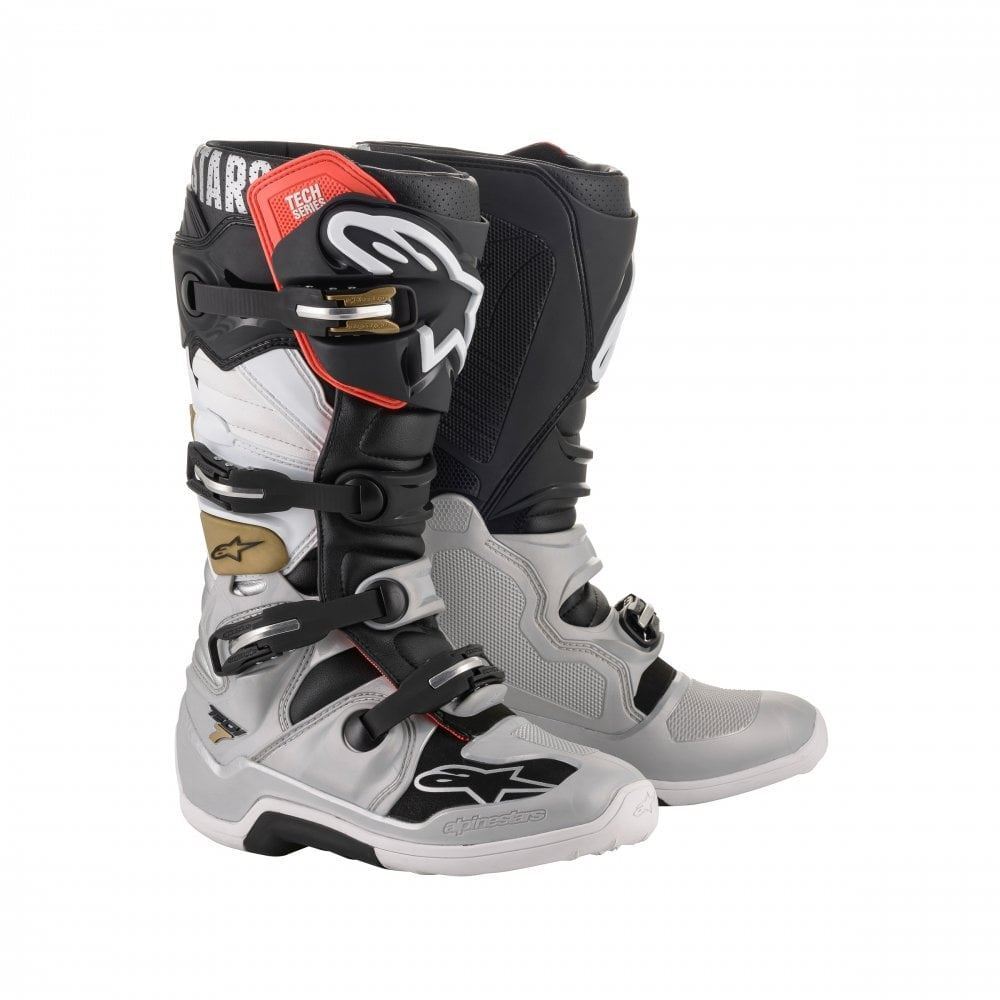 Alpinestars Tech Boots Black Silver White Gold Motocross Enduro