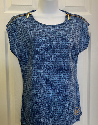 MICHAEL KORS AUTHENTIC! WOMENS LOVE PEACE MK T-SHIRT WITH FASHION ZIP SHOULDER M