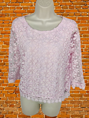 JOE BROWNS ROSA T-SHIRT OBERTEIL GRÖßE UK 10 VISKOSE DAMEN GEHÄKELT OVERLAY RUNDHALSAUSSCHNITT