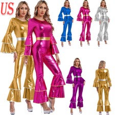 US Womens Disco Dance Outfits Shiny Hippie Costume Tiered Flare Sleeve Jumpsuits