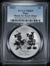 2023 $2 Niue 1 oz .999 Fine Silver PCGS MS 69 | Made for Each Other Disney