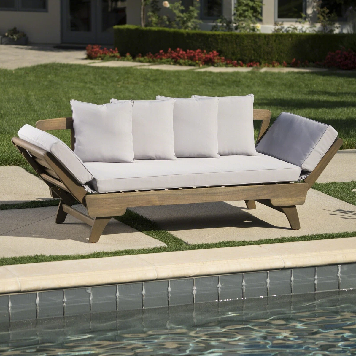 Acacia Wood 3 Person Convertible Outdoor Daybed Home Patio