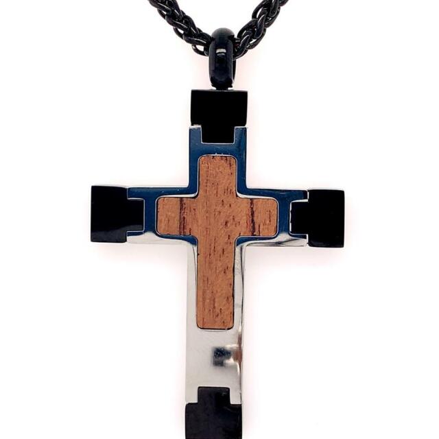 Steel Cross Pendant with Walnut Wood Inlay with Black Wheat Chain | INOX