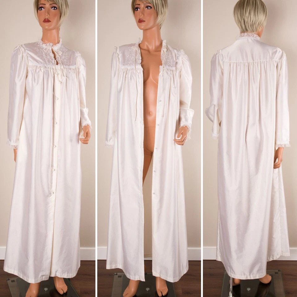 💖 BARBIZON 复古珍珠象牙丝缎长袍长袖刺绣花边 M — 第 2/4 张图片