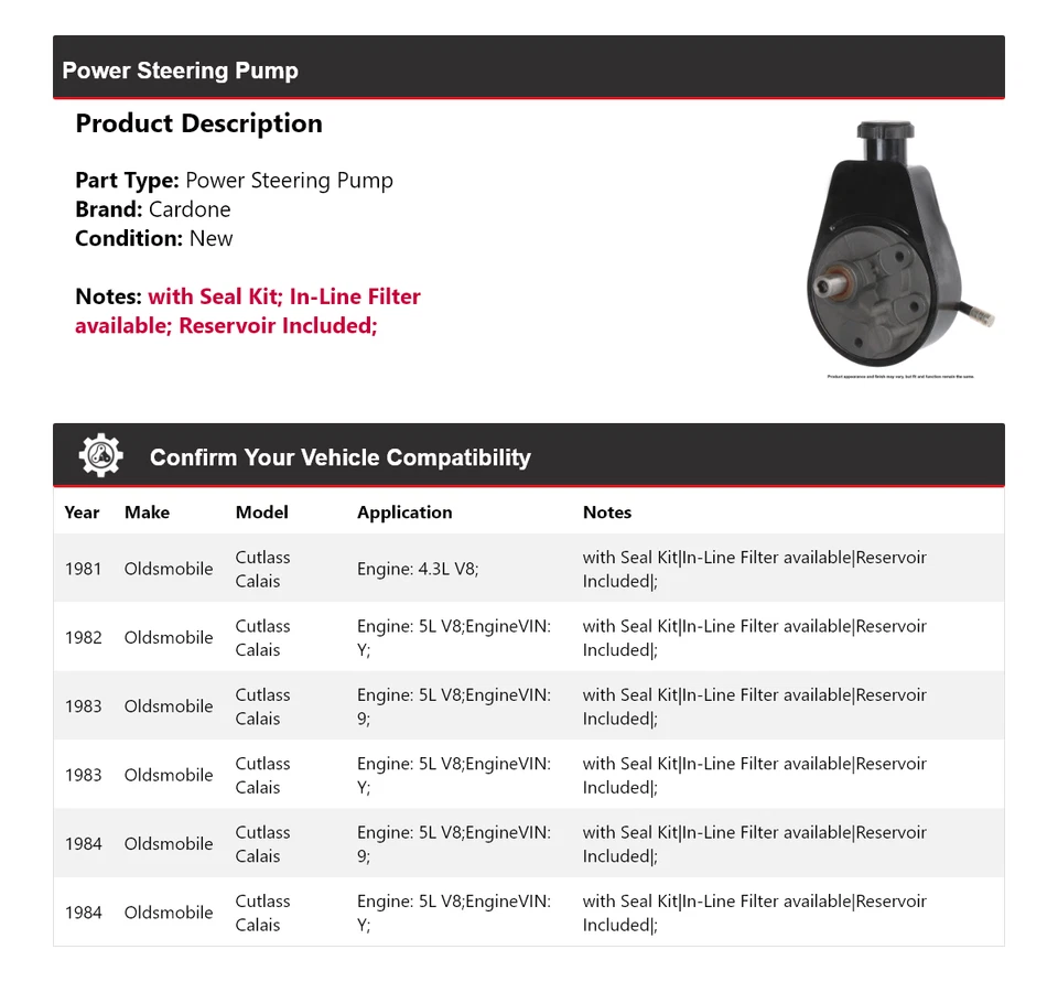 Bomba de direção hidráulica Cardone 1982 1983 Oldsmobile Cutlass Calais 1981-1984 - Imagem 2 de 4