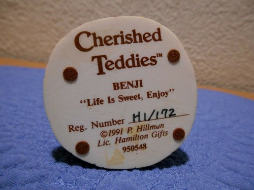 Cherished Teddies BENJI Life Is Sweet, Enjoy 1991 Hillman Hamilton Gifts - Picture 7 of 7