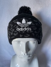 Adidas Originals Black/Grey/White Logo Bobble Beanie Hat Leopard Print Womens