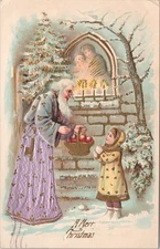 A MERRY CHRISTMAS POSTCARD-ST. Nicholas  Offers Basket Of Apples To  Child -Snow