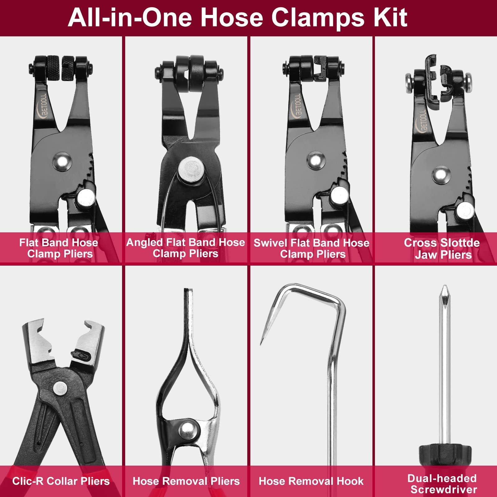 BETOOLL 9pcs Wire Long Reach Hose Clamp Pliers Set Fuel Oil Water Hose Auto Tool