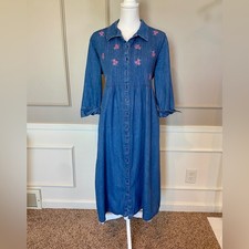 Blair Vintage 90s Medium Denim Jean Dress Maxi Long Floral Embroidered