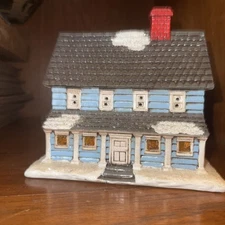 Byron Molds 1980 Ceramic Blue House Cottage Village Christmas Painted Vintage