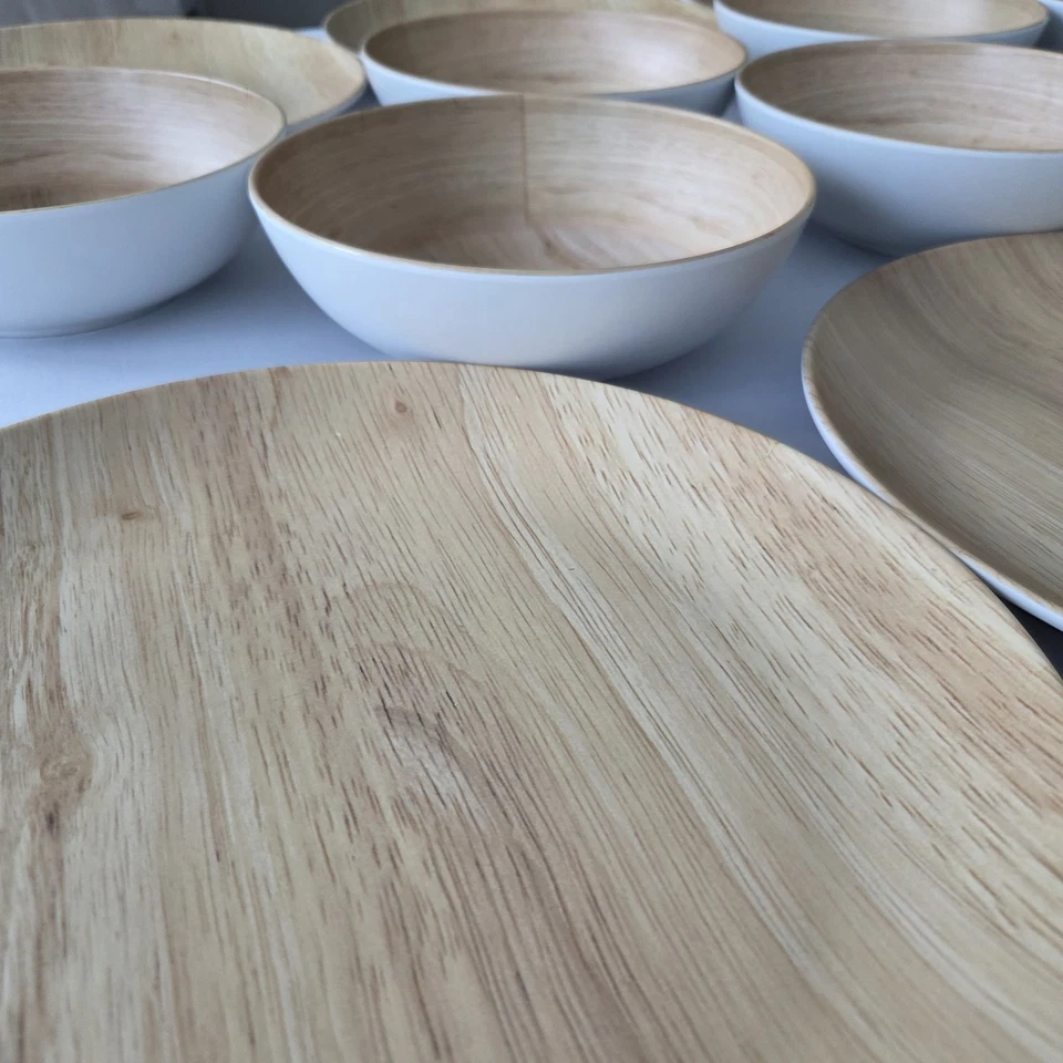 Juego de 6 platos de cena y 7 cuencos de melamina Tommy Bahama ensalada de cereales de imitación de madera clara Foto 4 de 4