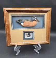 Culbertson's Ducks Framed Duck stamp with Carved Wood Duck Decoy Ducks Unlimited