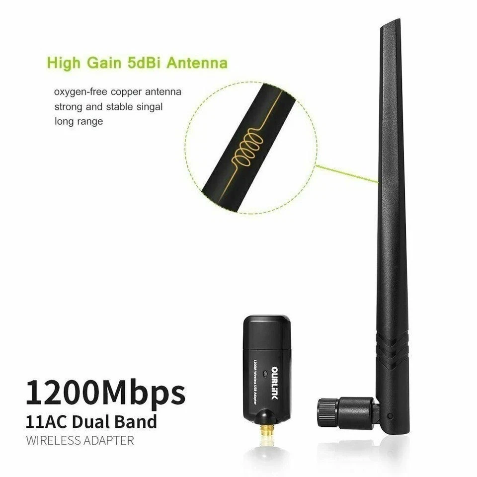 Dual Band 2.4/5Ghz 1200Mbps Wireless WiFi Network USB Adapter w/Antenna 802.11AC - Image 3 of 4