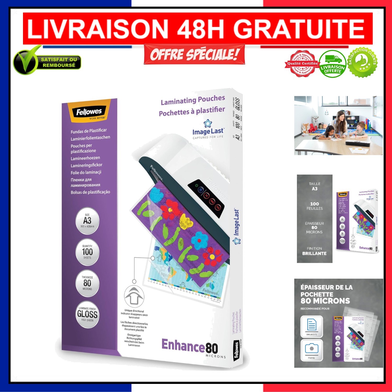 Pochettes de plastification A3 80 microns transparentes pour document et affiche
