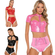 Womens Wet Look PU Leather Clubwear Outfit Crop Top and Frilly Shorts Night Club