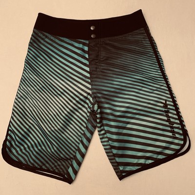 Playboy Swim Shorts Mens 32/11 Green Black Striped Elastic Waist Pocket Bunny