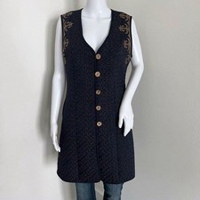 KG Womens Quilted Embroidered Vest Dress Size 48 M Blue Gold Layering Kyrgyzstan