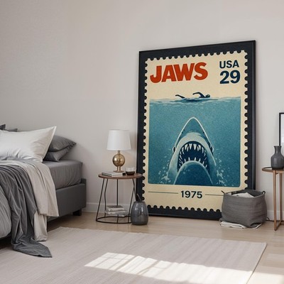 JAWS 1975 Film Retro Stempel Kunstdruck | Vintage Kunst Poster | Leinwand & gerahmt