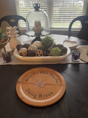 Vintage Wood Bread Plate 10.5  Give Us This Day Daily Bread Decor.