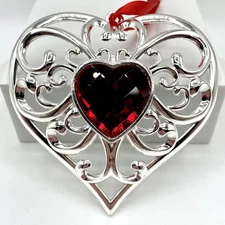 Lenox Silver-Plated Ruby Red Heart Ornament w/ Ornate Filigree Design
